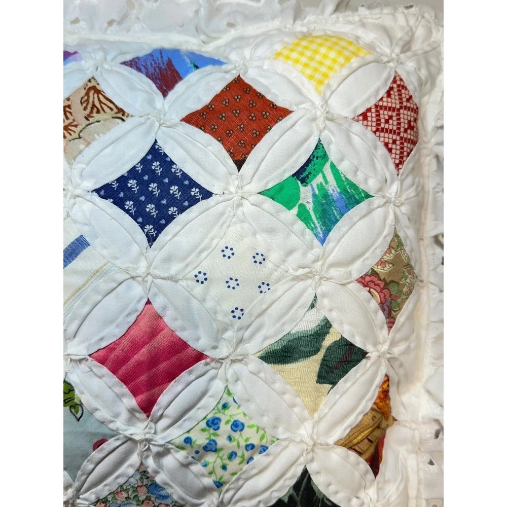 Vtg Handmade Cathedral Window Quilt Pillow 12x12 Double Side Eyelet trim grandma